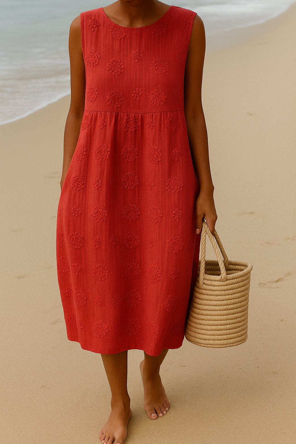 Stylish women's woven sleeveless midi dress with delicate embroidery. A comfortable & versatile summer piece.