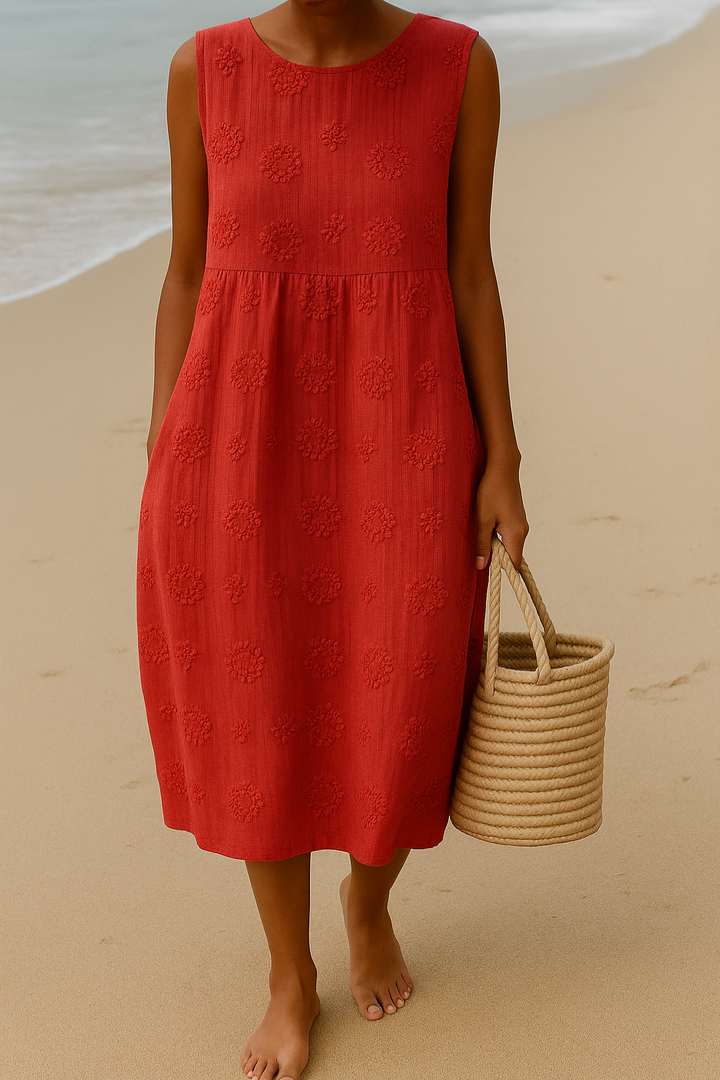 Stylish women's woven sleeveless midi dress with delicate embroidery. A comfortable & versatile summer piece.