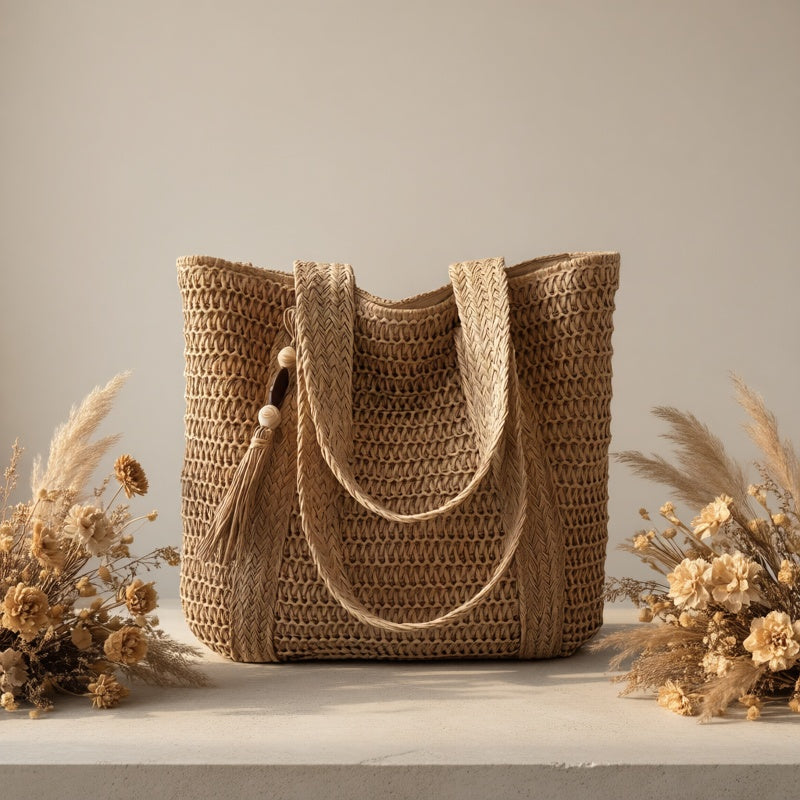 Fashionable women's woven straw handbag, adorned with delicate fringe & an eye-catching tassel.