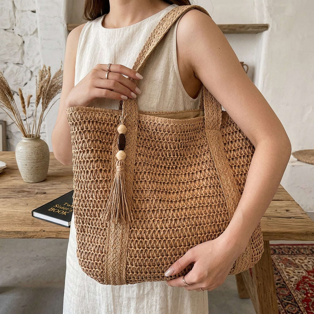 Must-have women's summer tote bag: natural woven straw, playful fringe, and an elegant tassel.