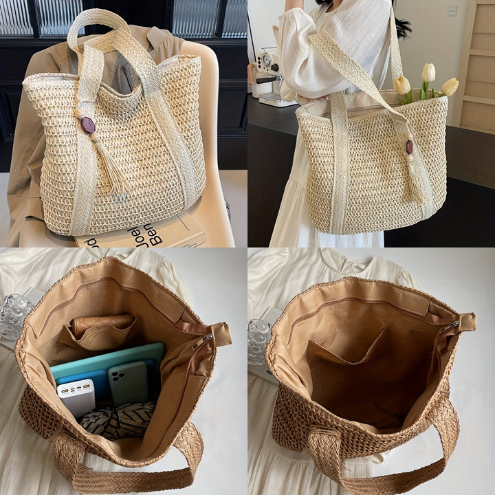 Women's spacious woven straw beach bag, featuring stylish fringe details and a decorative tassel.