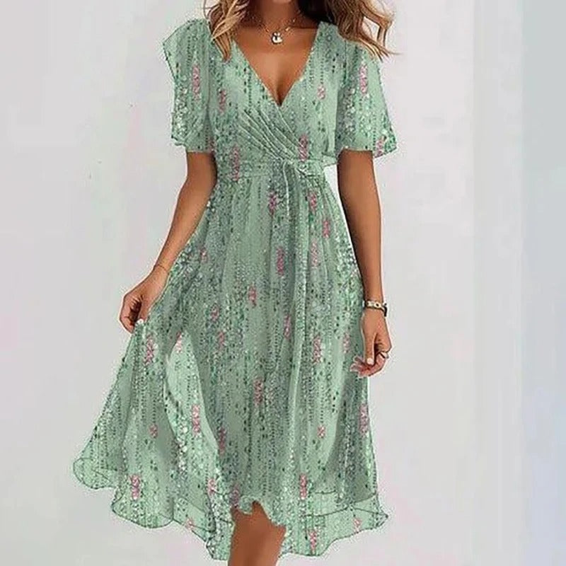 Elegant women's wrap V-neck flutter sleeve midi dress, featuring a flowing skirt for special occasions.