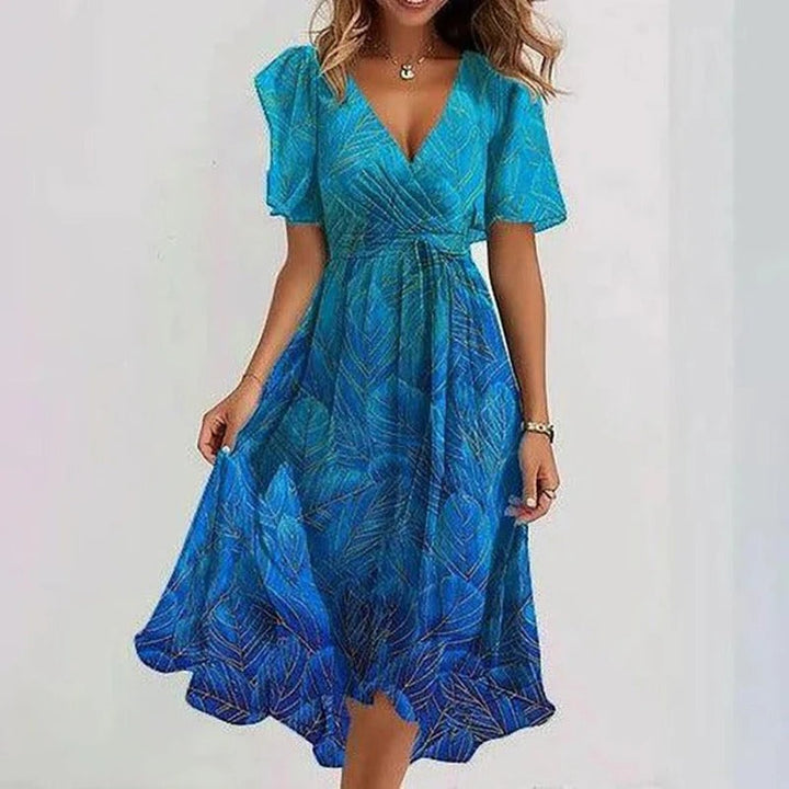 Versatile women's wrap V-neck midi dress with flutter sleeves, suitable for casual or elegant wear.