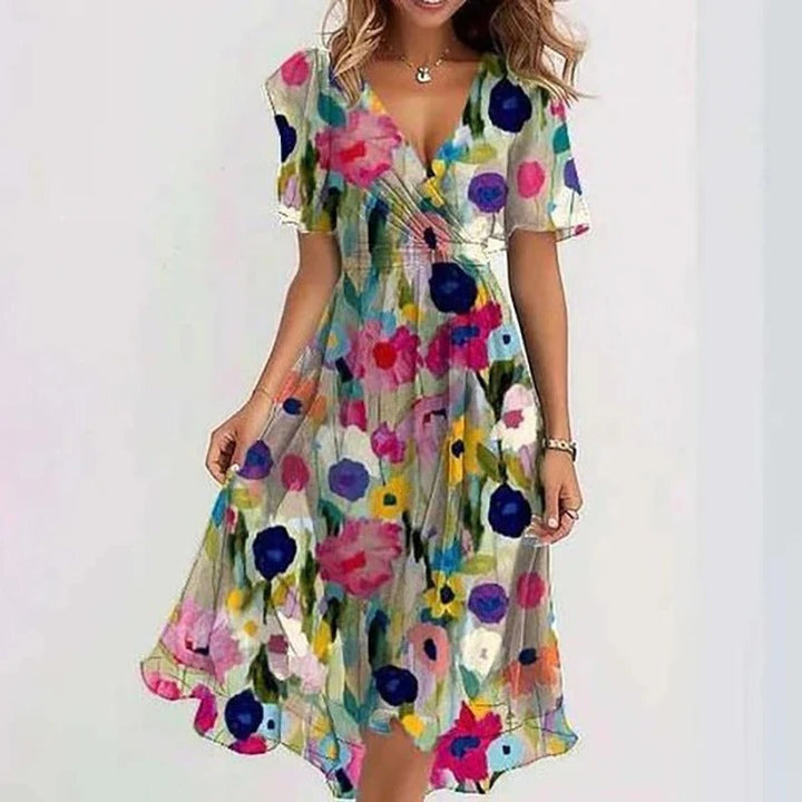 Beautiful women's wrap V-neck midi dress featuring flutter sleeves and a flattering ruffle hem.