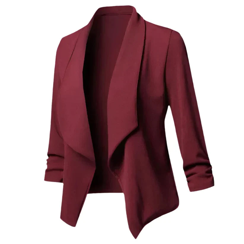 Women's wrinkle-resistant open front blazer, structured for professional business wear.