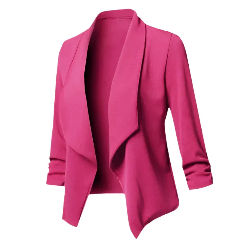 Business women's structured open front blazer, professional and wrinkle-resistant for office wear.