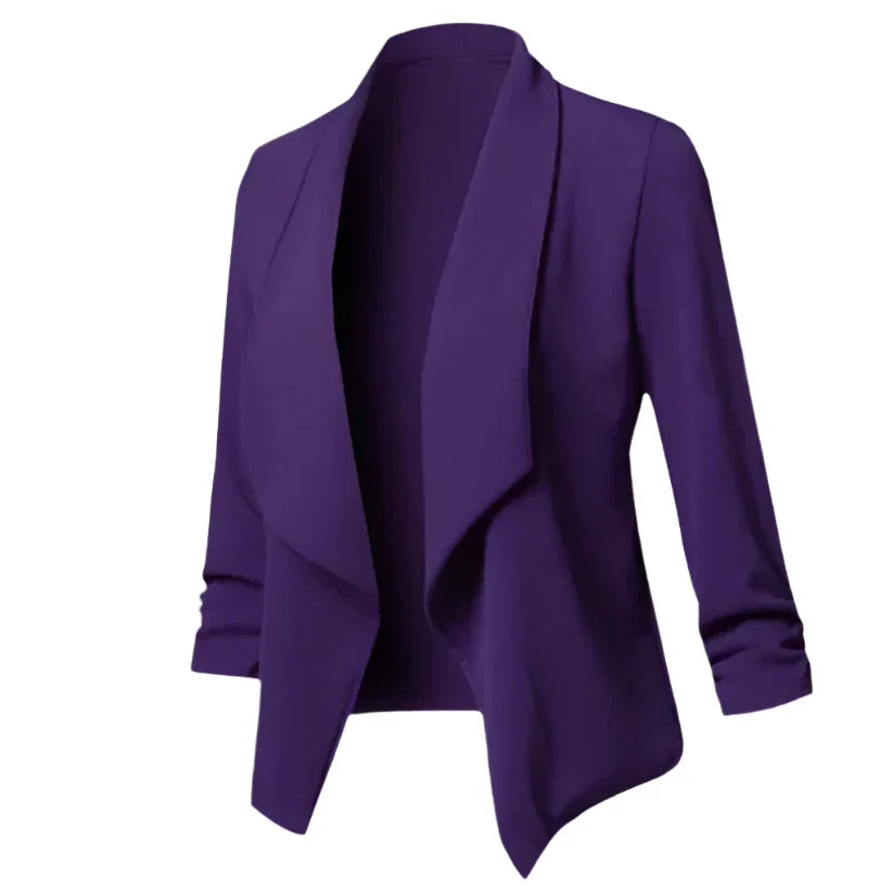 Professional open front women's blazer with a structured fit, wrinkle-resistant for work.