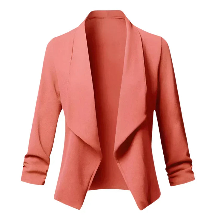 Elegant women's structured blazer, wrinkle-resistant and open front for versatile layering.