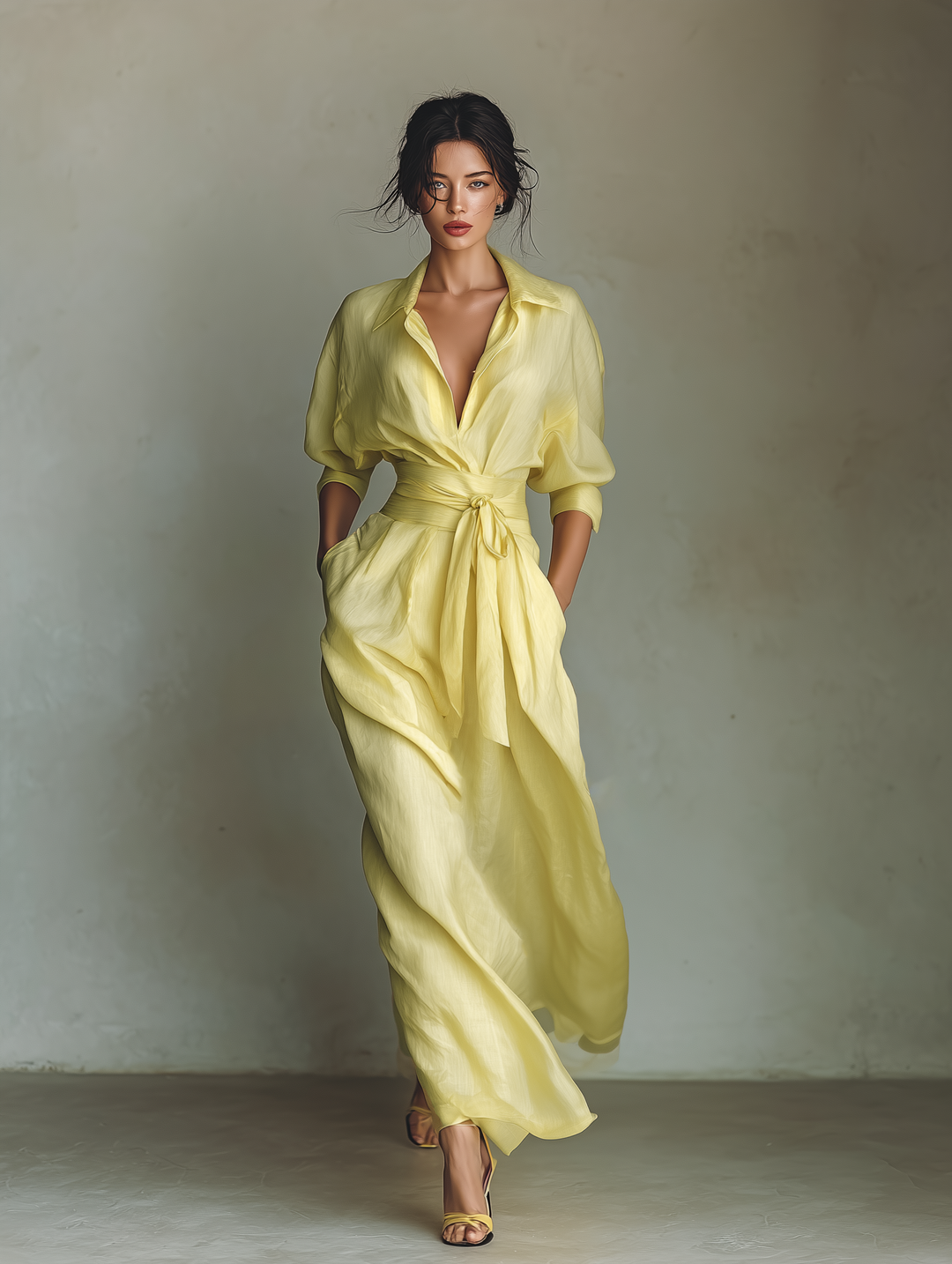 Yellow women's shirt dress with V-neck, long sleeves. Elegant yet casual maxi style, perfect for versatile summer outfits.
