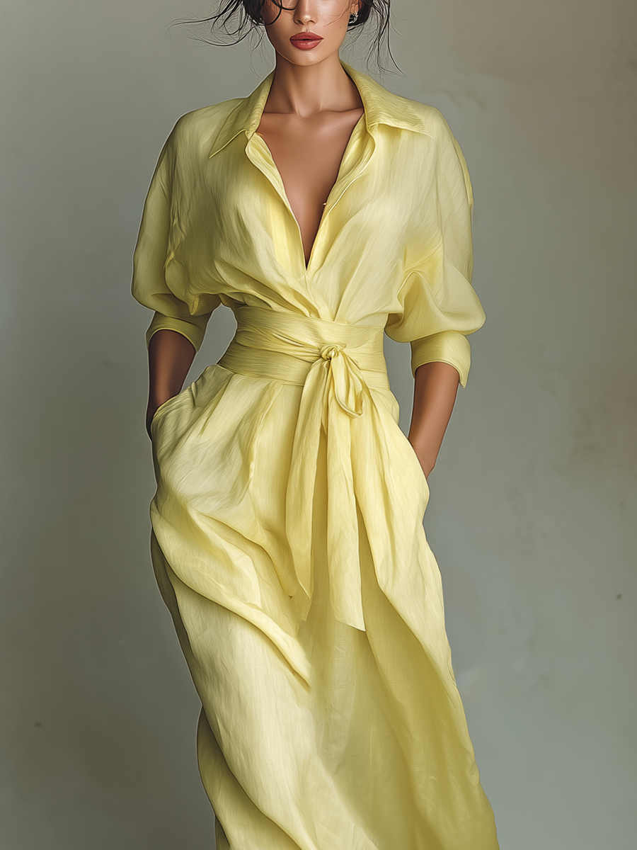 Flowy yellow maxi shirt dress for women. Comfortable, elegant casual wear. Ideal for resort fashion and summer days.