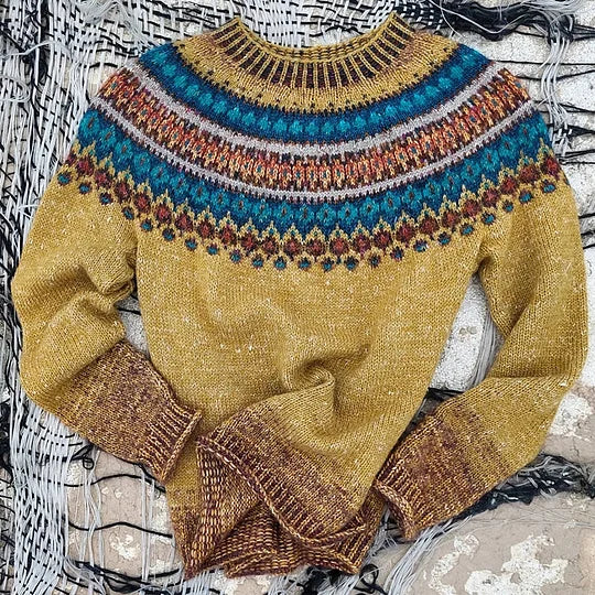 Cozy women's Fair Isle crew neck knit sweater in Nordic style, ideal for casual winter wear with a relaxed fit.