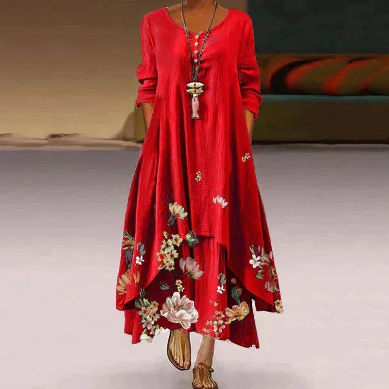 Women's boho maxi dress with long sleeves, layered hem, asymmetrical cut, and relaxed fit; ideal for spring outings.