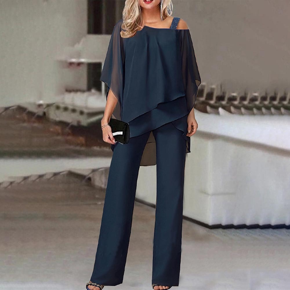 "Women's elegant cold-shoulder jumpsuit, wide-leg pants, front view; modern style, versatile for events."
