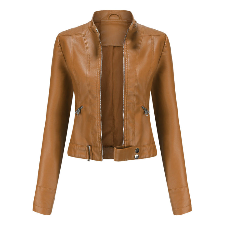 Women's faux leather biker jacket with sleek texture, dual zippers, and flap accents, showcasing a classic edgy style.