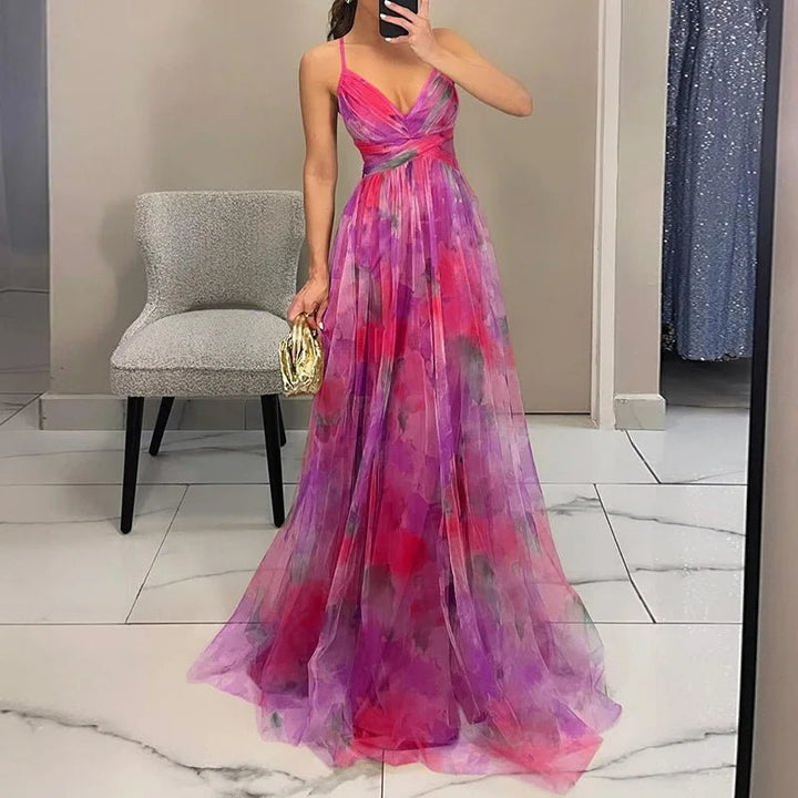 Women's Floral Chiffon Maxi Dress with Romantic Print - Lexians