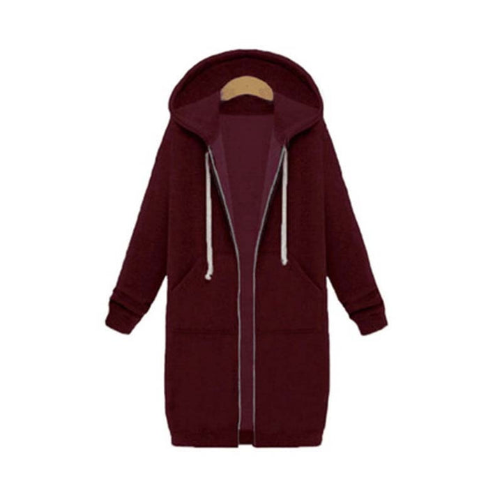 Women's longline zip hoodie with drawstring hood, midweight fabric, extended length, cozy style for cooler seasons.