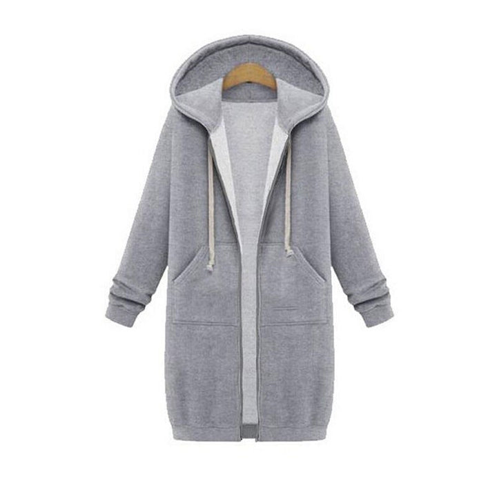 Women's longline zip hoodie with drawstring hood, midweight fabric, extended length, cozy style for cooler seasons.
