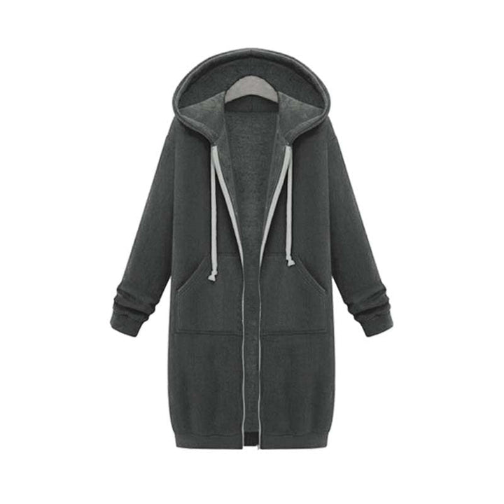 Women's longline zip hoodie with drawstring hood, midweight fabric, extended length, cozy style for cooler seasons.