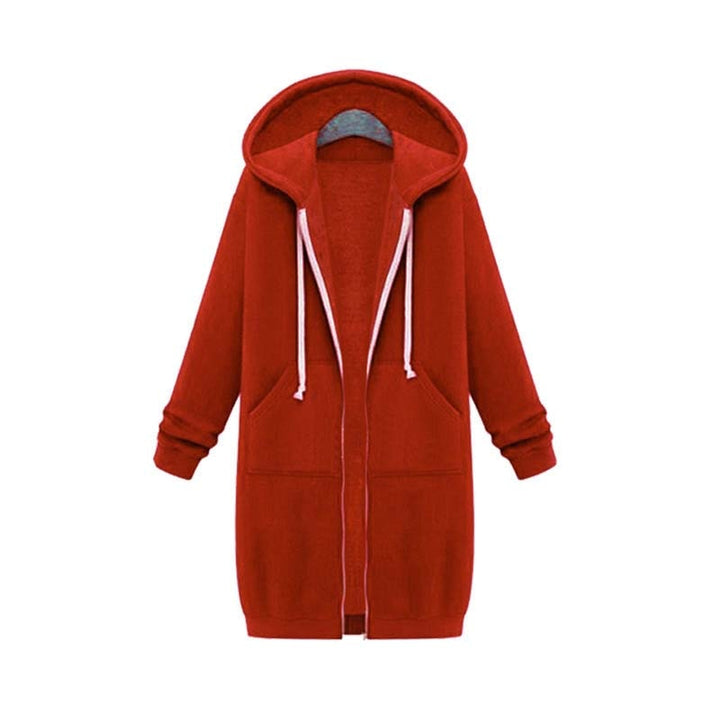 Women's longline zip hoodie with drawstring hood, midweight fabric, extended length, cozy style for cooler seasons.