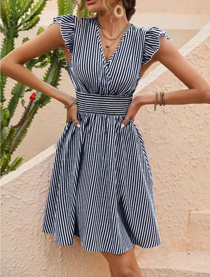 Women's Striped V-Neck Summer Dress with Butterfly Sleeves, featuring A-line silhouette and smocked waistband for casual eleg