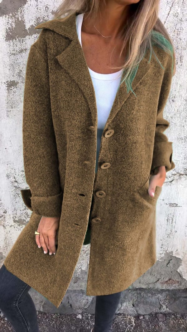 Women's wool-blend button-down jacket, elegant design, classic lapel collar, cuffed sleeves, flattering fit, cozy fabric.