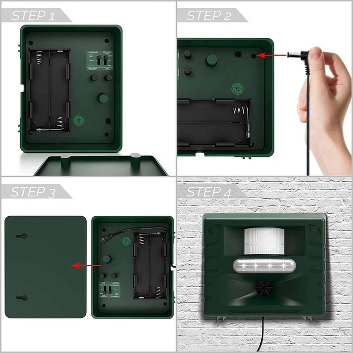 Effective solar-powered ultrasonic woodpecker repeller. Humane outdoor bird and animal deterrent.