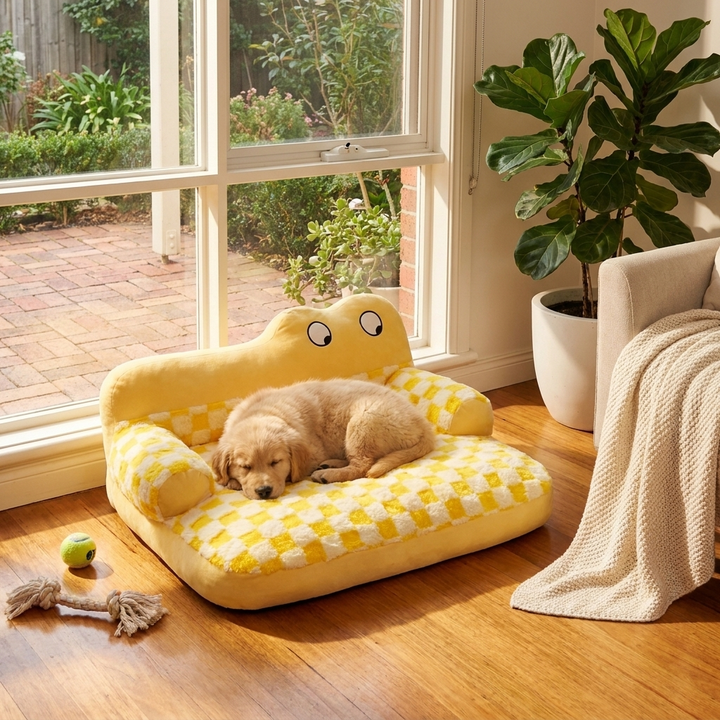 Yellow orthopedic dog sofa for large breeds. Durable pet bed with supportive foam & removable, washable cover for comfort.