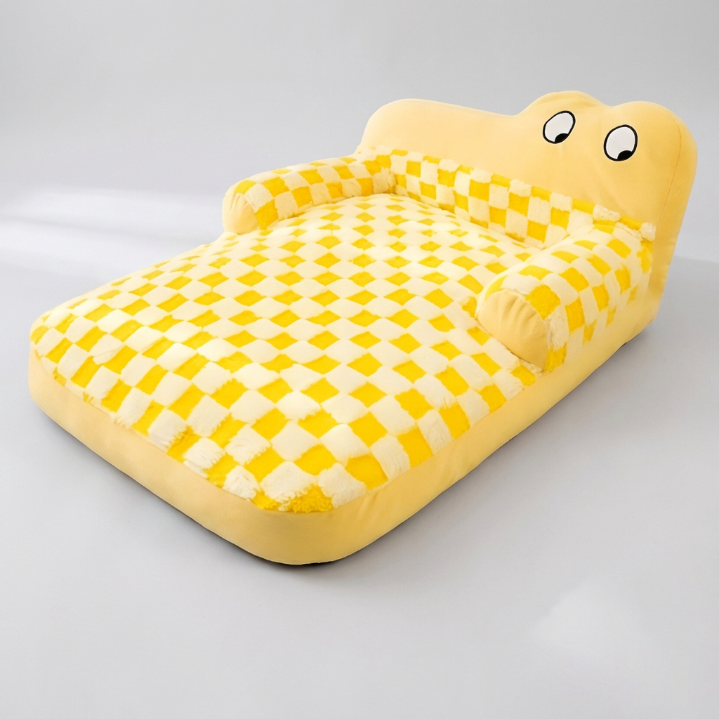 Comfortable large dog sofa bed, yellow, with orthopedic support and non-slip base. Durable pet furniture with washable cover.