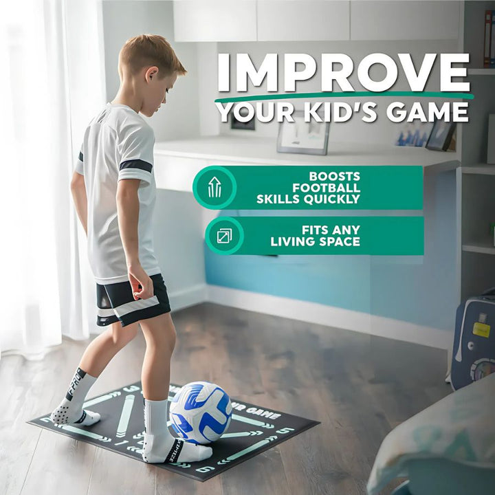 Youth football training mat enhancing skill development, dribbling & coordination for young soccer players.